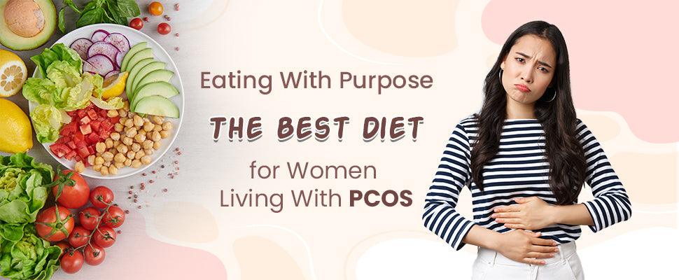 A plate of fresh vegetables and chickpeas with a woman holding her stomach, representing the best PCOS diet for women managing PCOS symptoms.