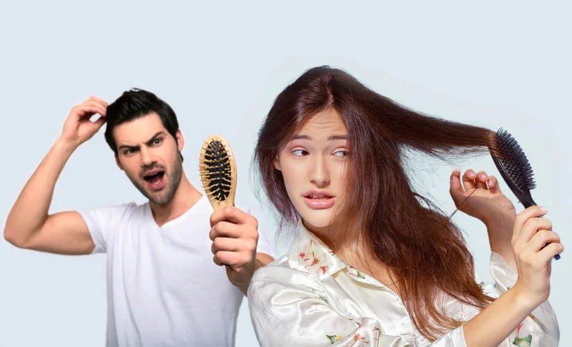 Man and woman worried about hair loss while holding hairbrushes with visible hair strands.